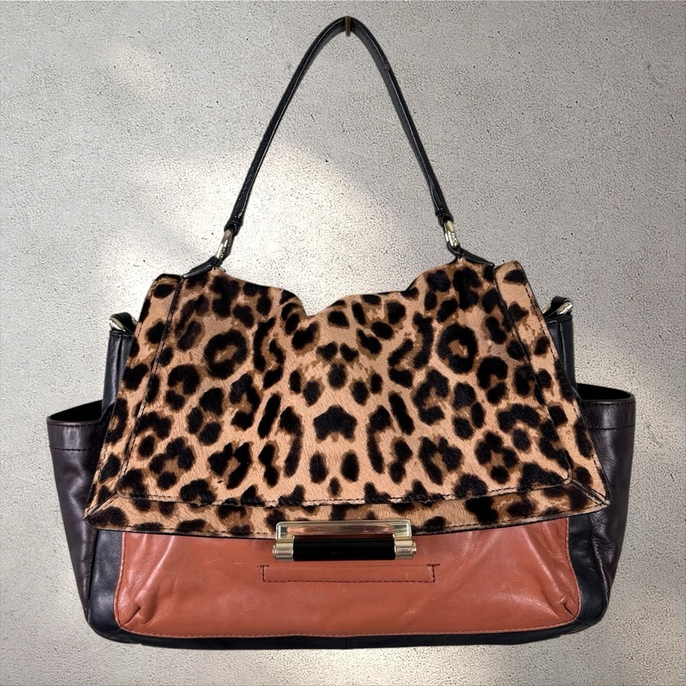 Diane von Furstenberg 440 Courier‎ Calf Hair Leopard Leather Hand Bag Purse Tote